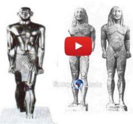 Quand les Grecs ont plagié l'art africain bien plus tard : comparaison de Ramsès II datant de -1150 et d'une statue de Kouros -500, cette date correspond au début de l'apprentissage des sciences par les Grecs sur le sol égyptien « Le Kouros est un jeune homme nu représenté debout, les bras le long du corps, la jambe gauche légèrement avancée »